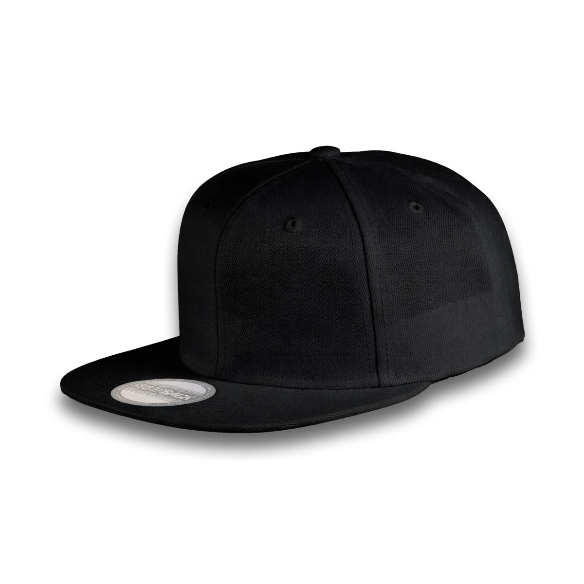 GJ-4 black wholesale 6-panel flat bill snapback hat front view
