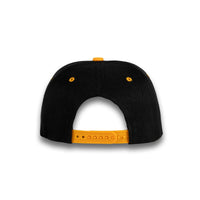 GJ-5 black gold wholesale 6-panel flat bill snapback hat back view