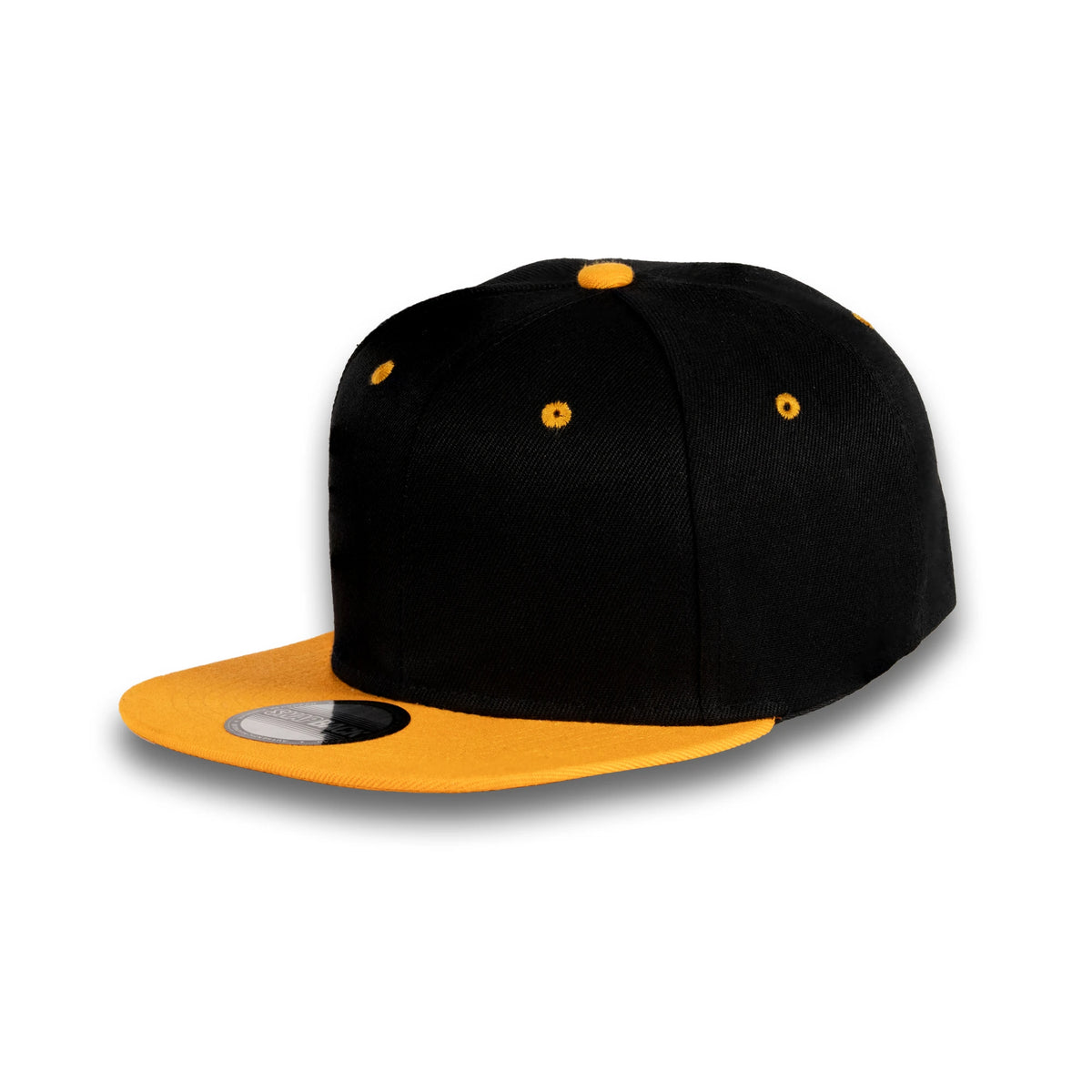 GJ-5 black gold wholesale 6-panel flat bill snapback hat front view