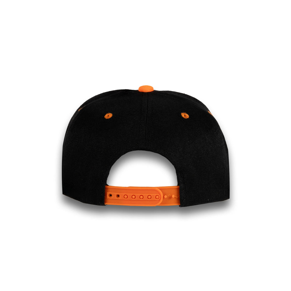 GJ-5 black orange wholesale 6-panel flat bill snapback hat back view