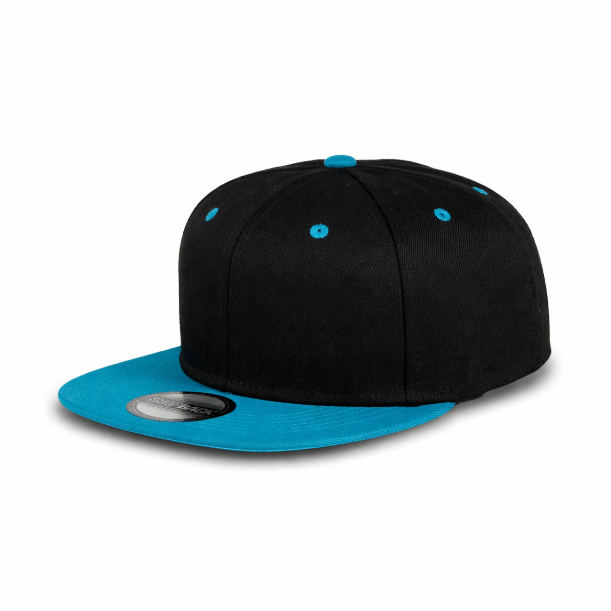 GJ-5 black teal wholesale 6-panel flat bill snapback hat front view
