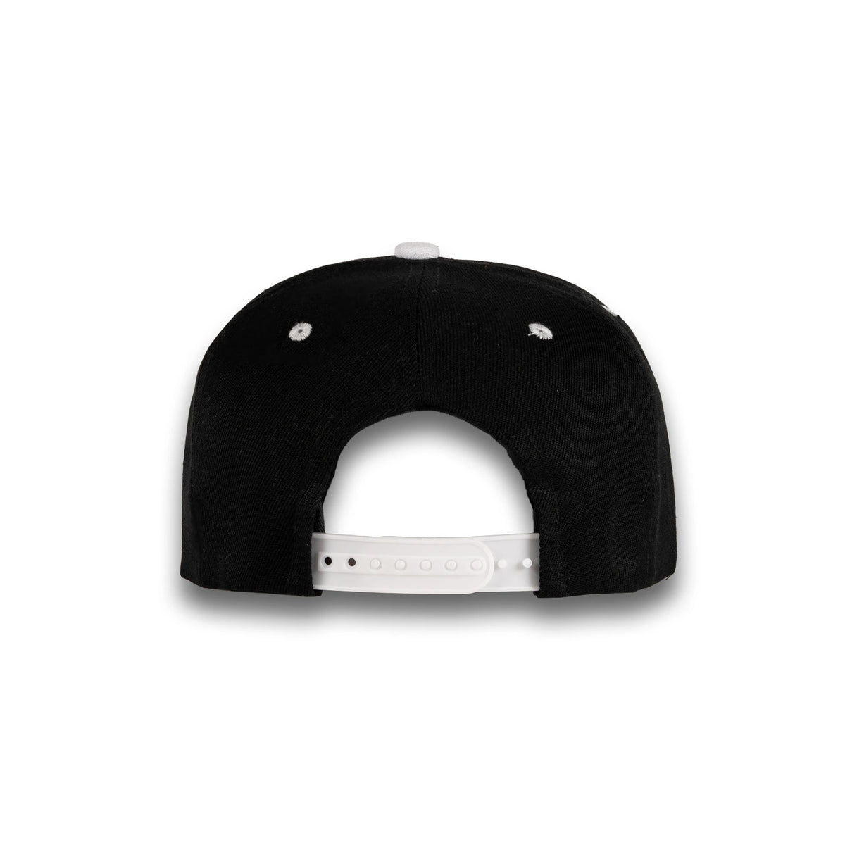 GJ-5 black white wholesale 6-panel flat bill snapback hat back view