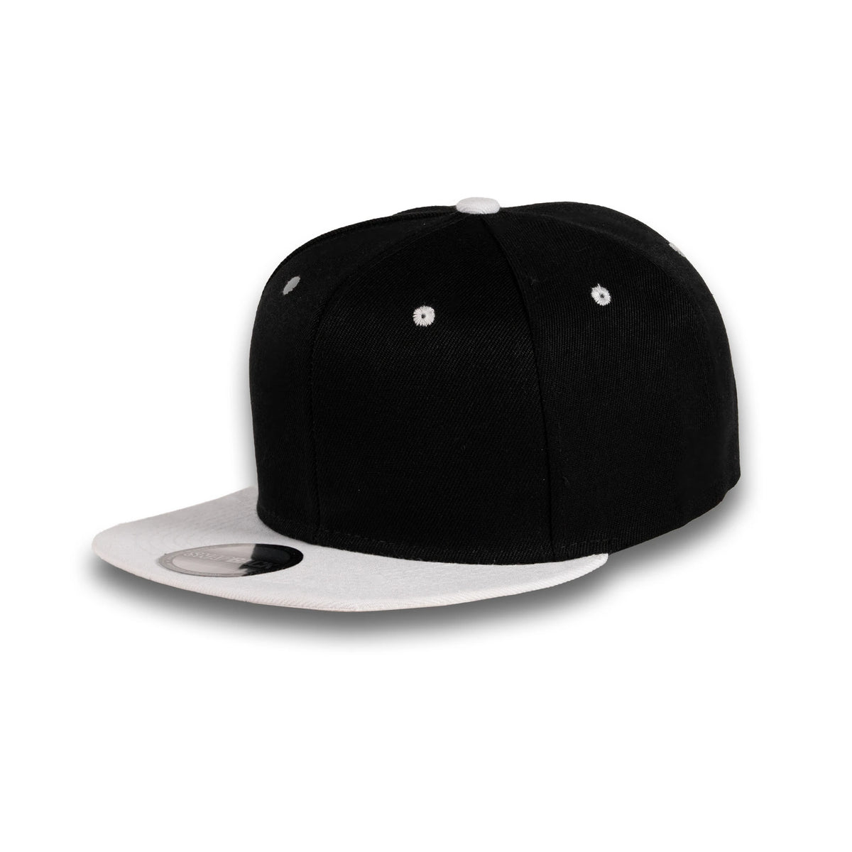 GJ-5 black white wholesale 6-panel flat bill snapback hat front view