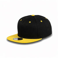 GJ-5 black yellow wholesale 6-panel flat bill snapback hat front view