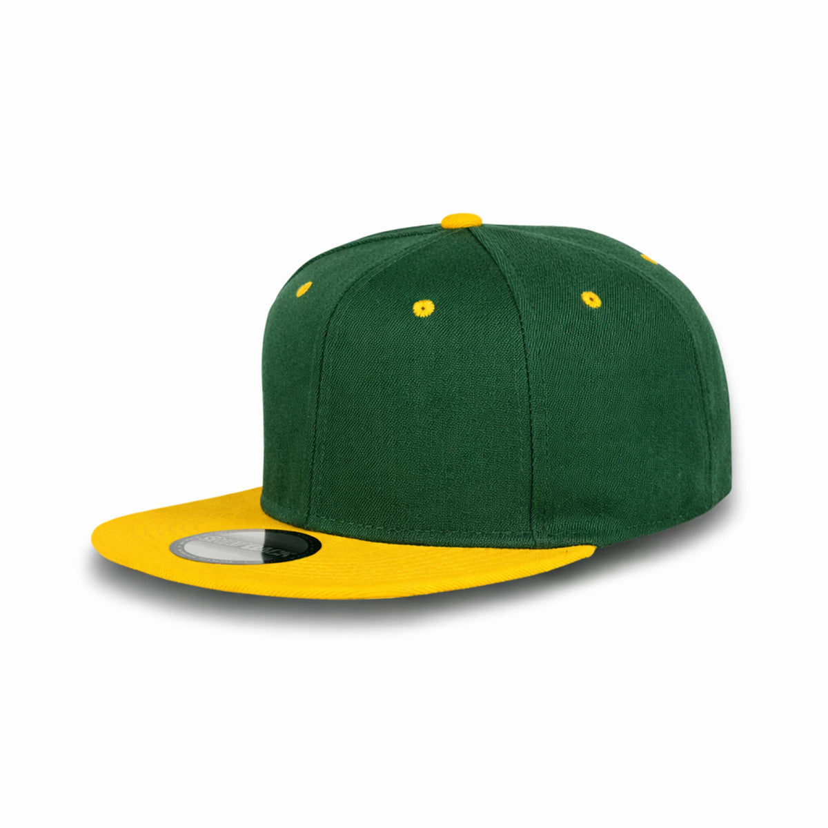 GJ-5 dark green yellow wholesale 6-panel flat bill snapback hat front view