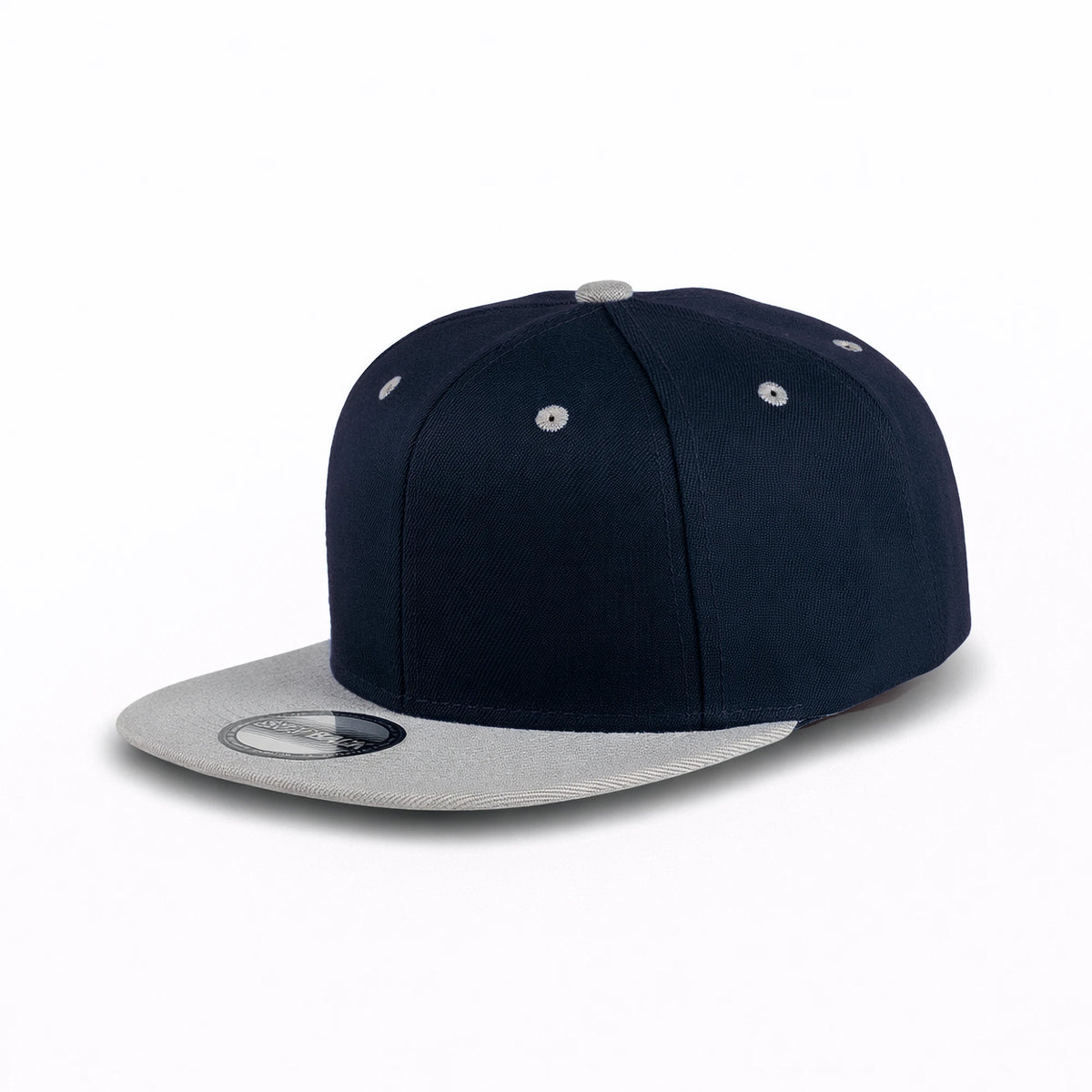 GJ-5 navy light grey wholesale 6-panel flat bill snapback hat front view