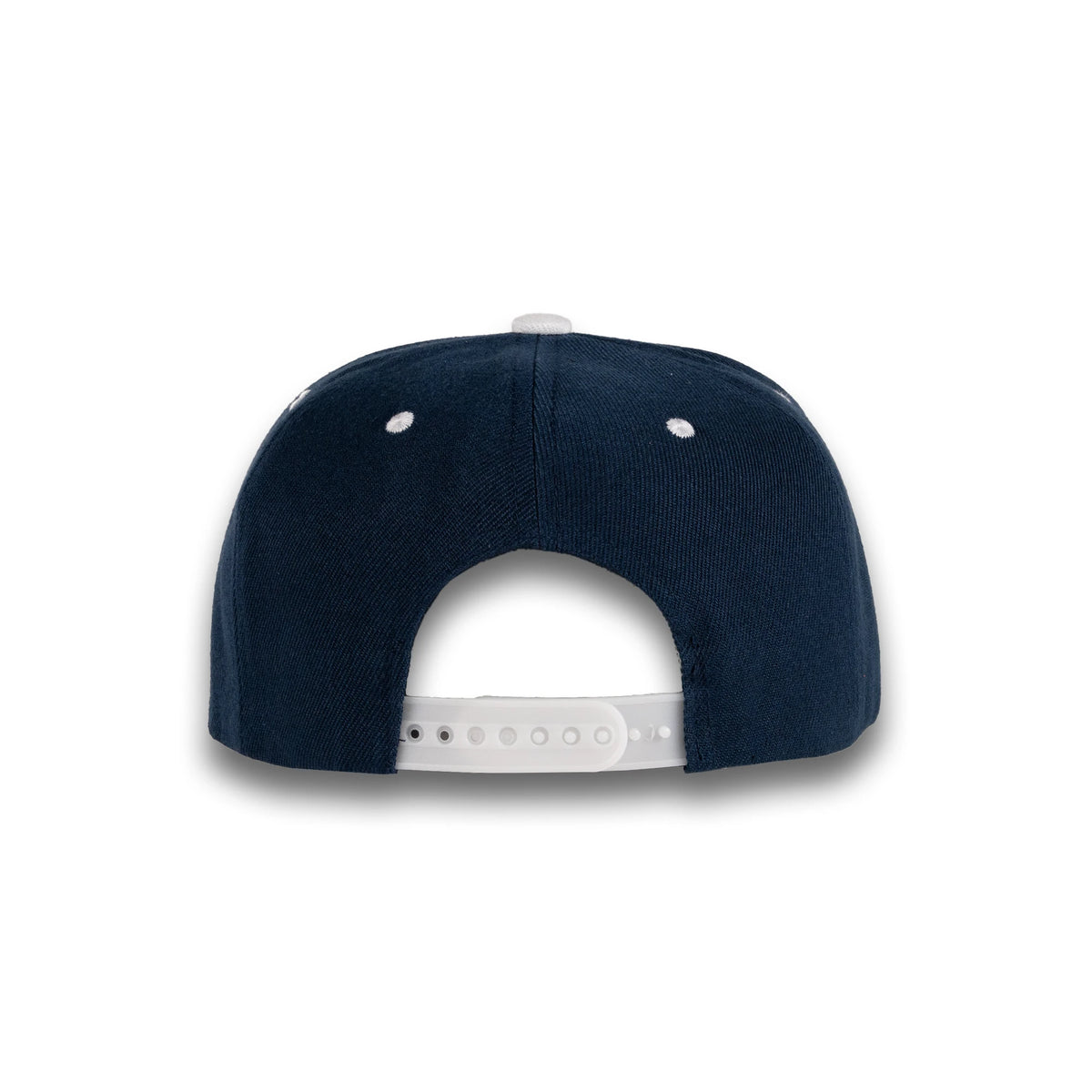 GJ-5 navy white wholesale 6-panel flat bill snapback hat back view