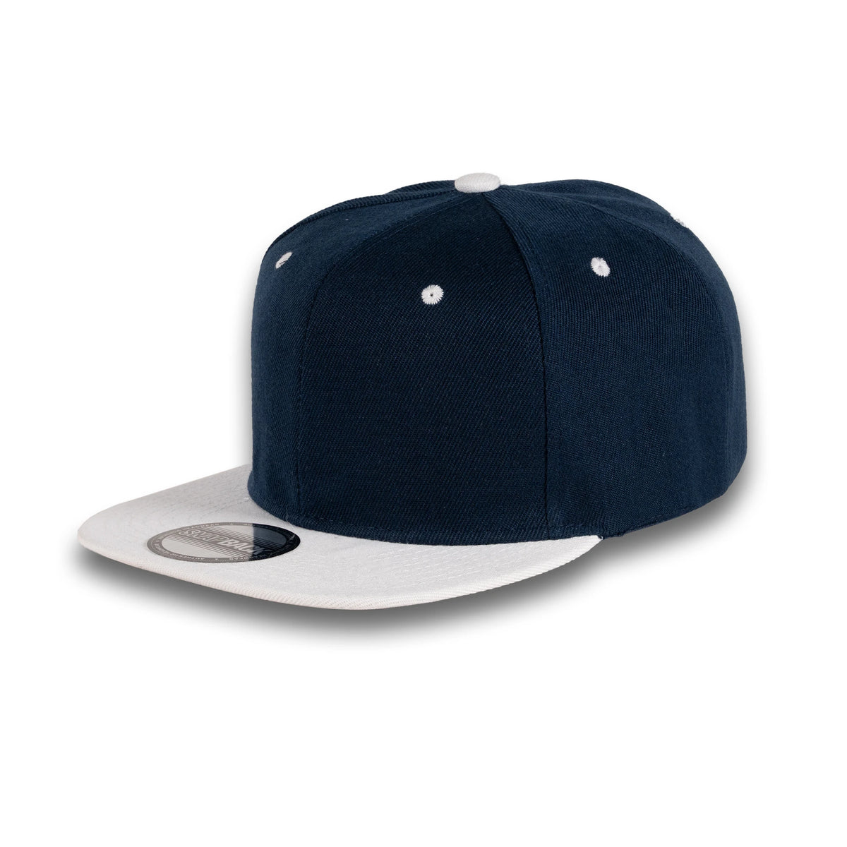GJ-5 navy white wholesale 6-panel flat bill snapback hat front view