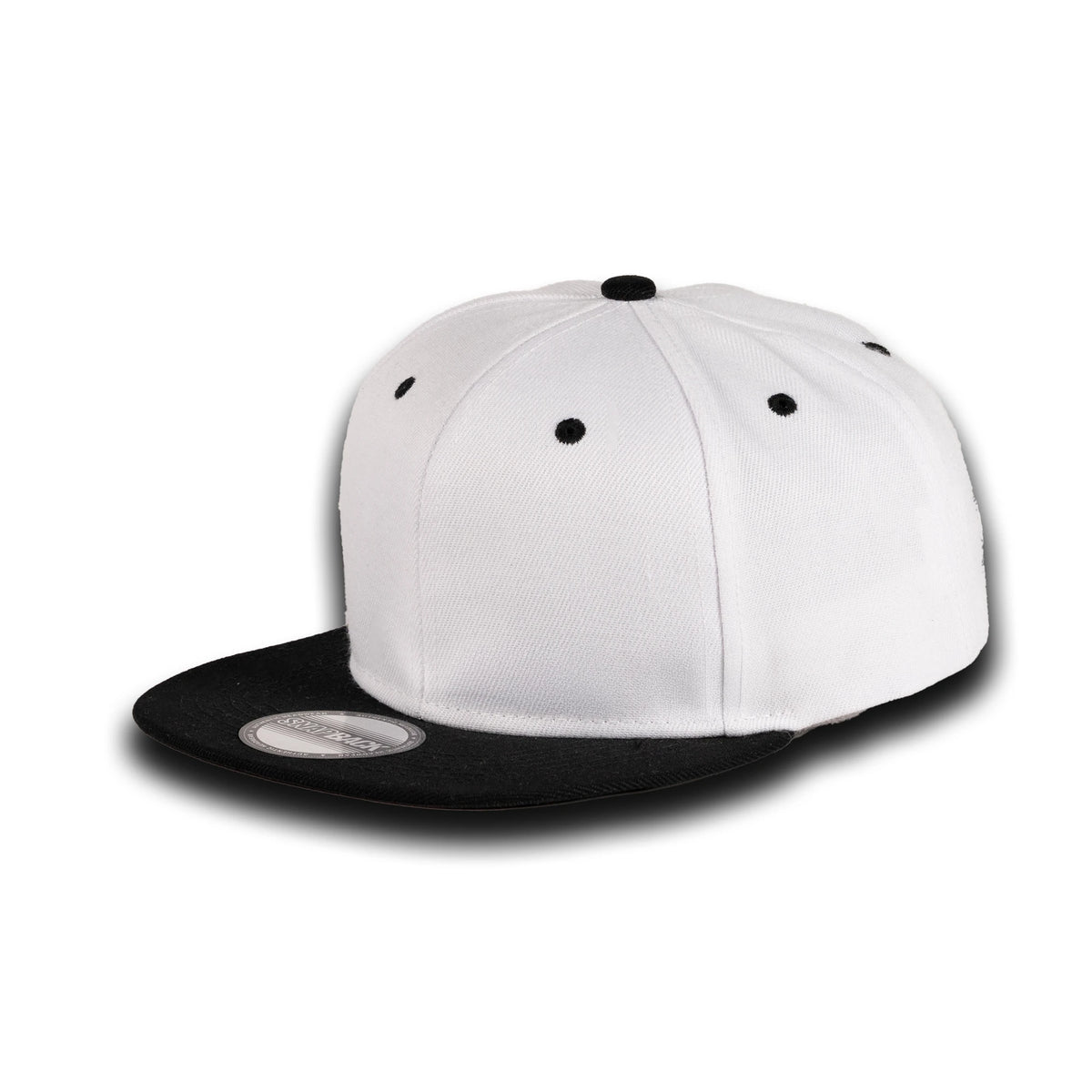 GJ-5 white black wholesale 6-panel flat bill snapback hat front view