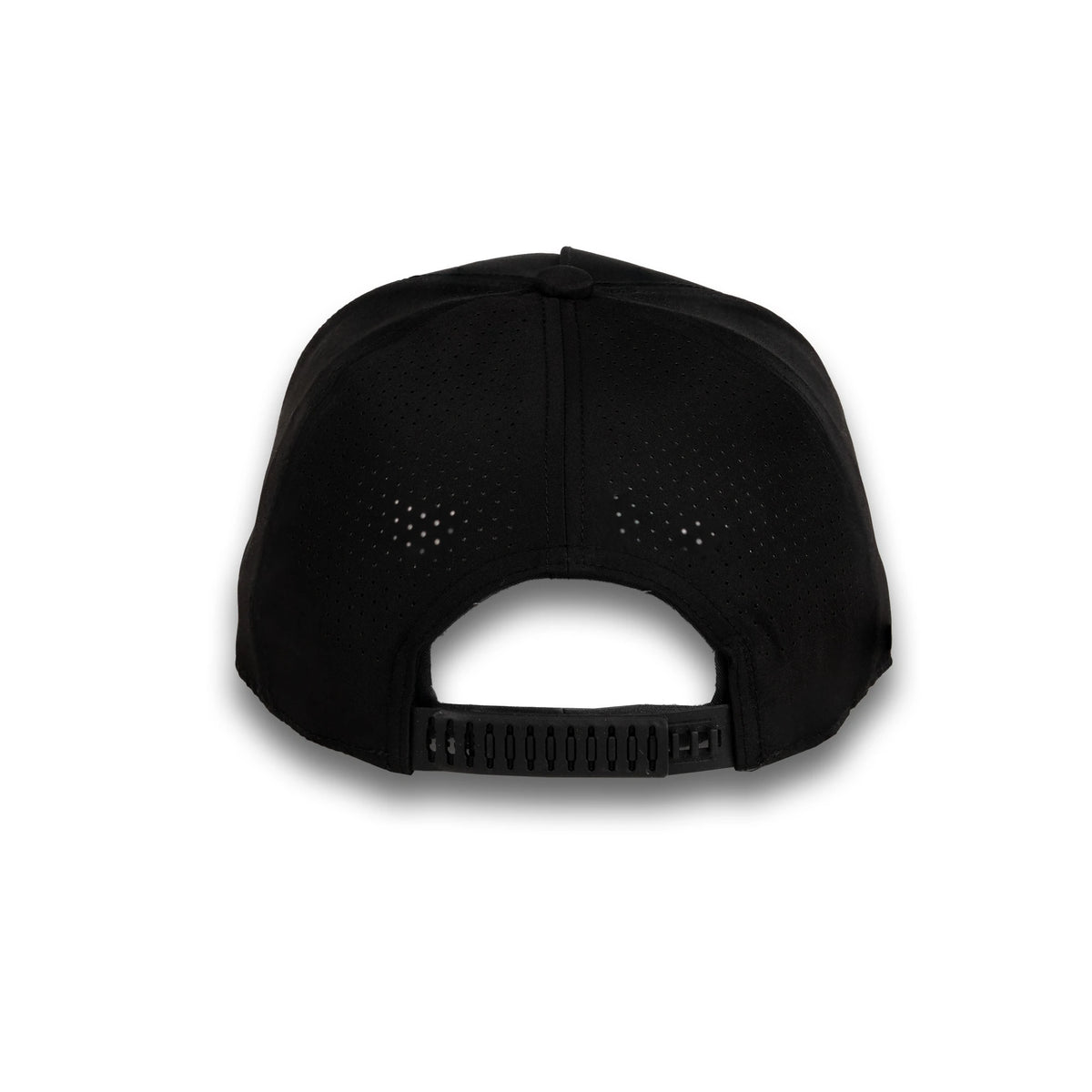 HOT-10 black wholesale 5-panel performance snapback hat back view