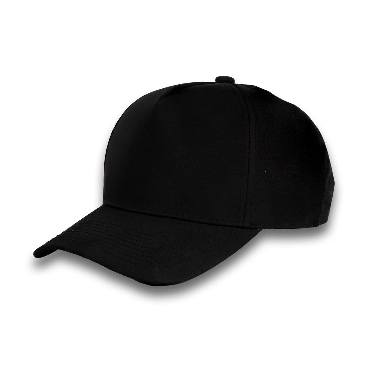 HOT-10 black wholesale 5-panel performance snapback hat front view