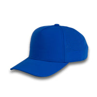 HOT-10 blue wholesale 5-panel performance snapback hat front view