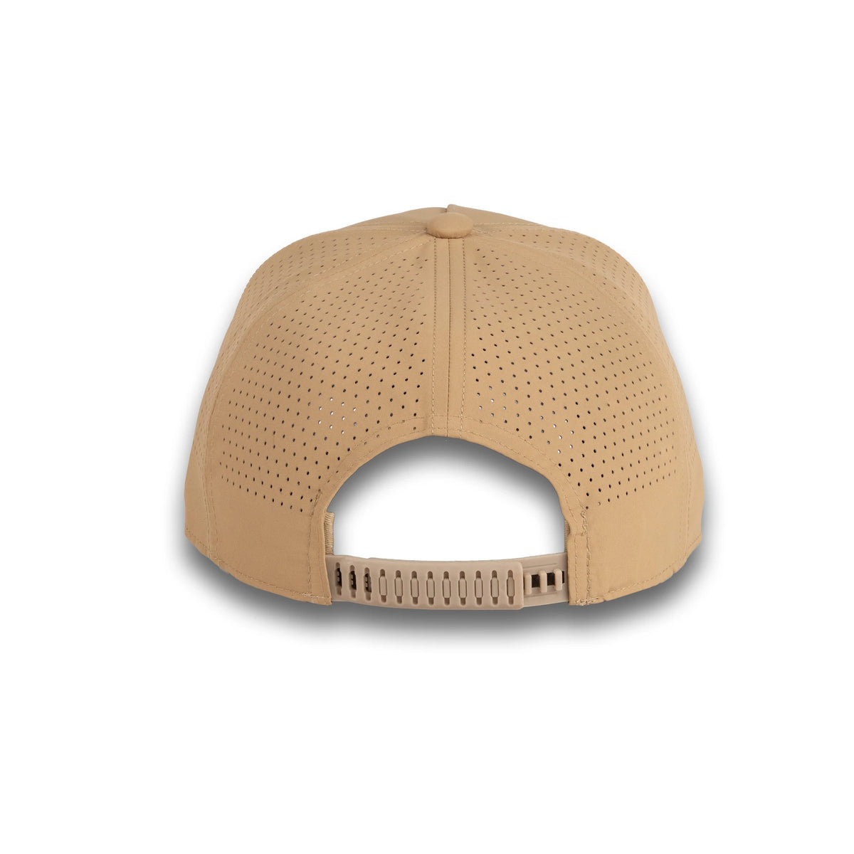 HOT-10 khaki wholesale 5-panel performance snapback hat back view