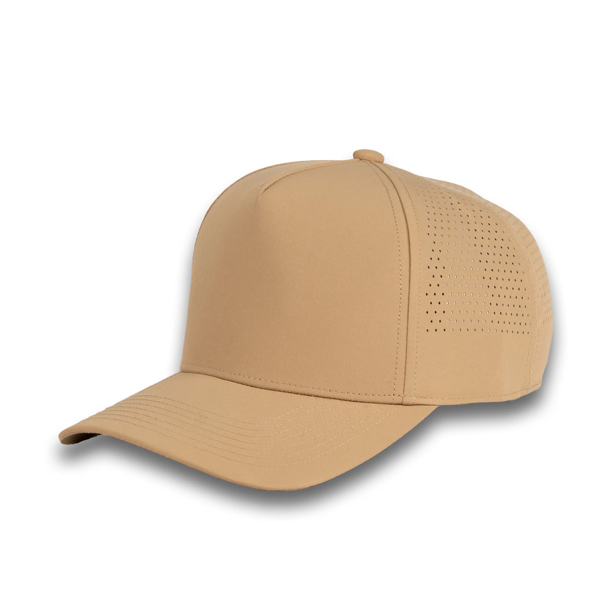 HOT-10 khaki wholesale 5-panel performance snapback hat front view