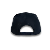 HOT-10 navy wholesale 5-panel performance snapback hat back view