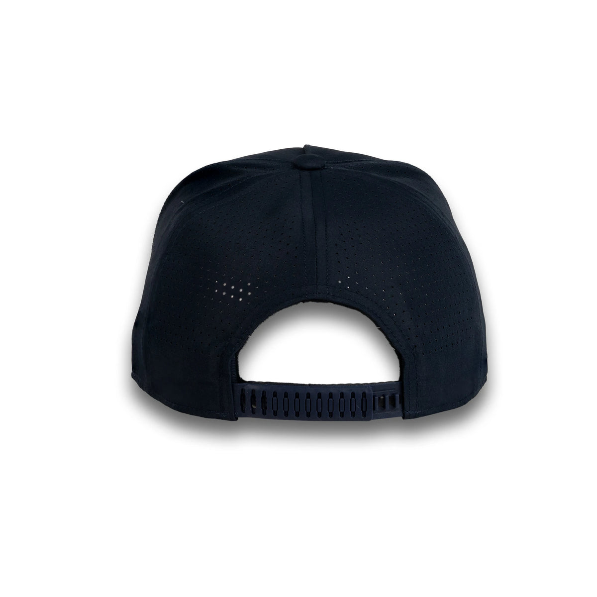 HOT-10 navy wholesale 5-panel performance snapback hat back view