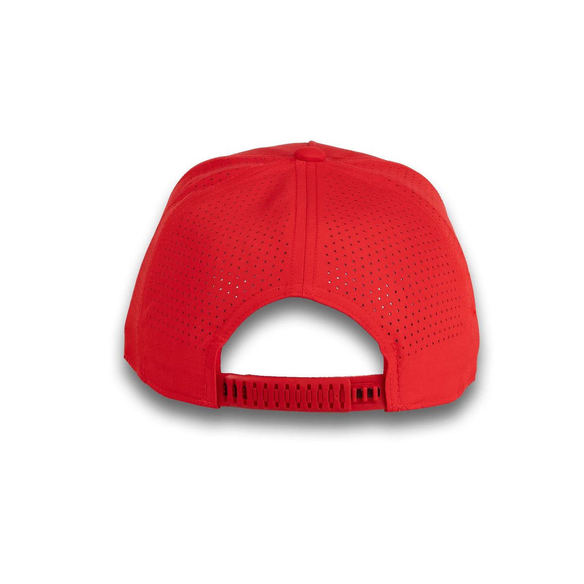 HOT-10 red wholesale 5-panel performance snapback hat back view