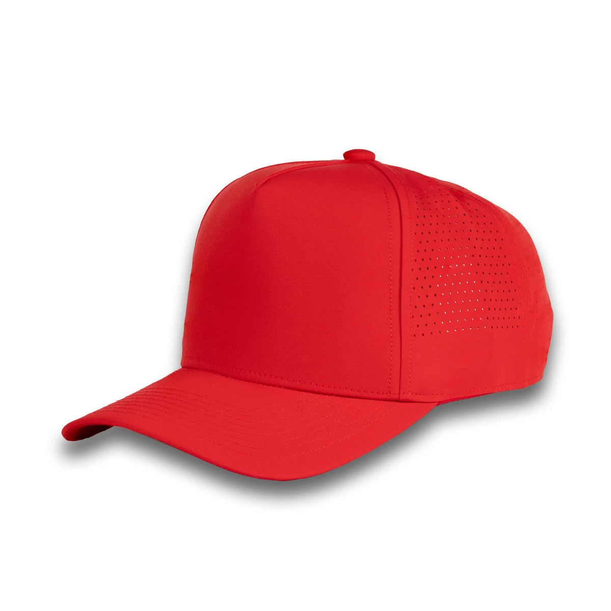 HOT-10 red wholesale 5-panel performance snapback hat front view