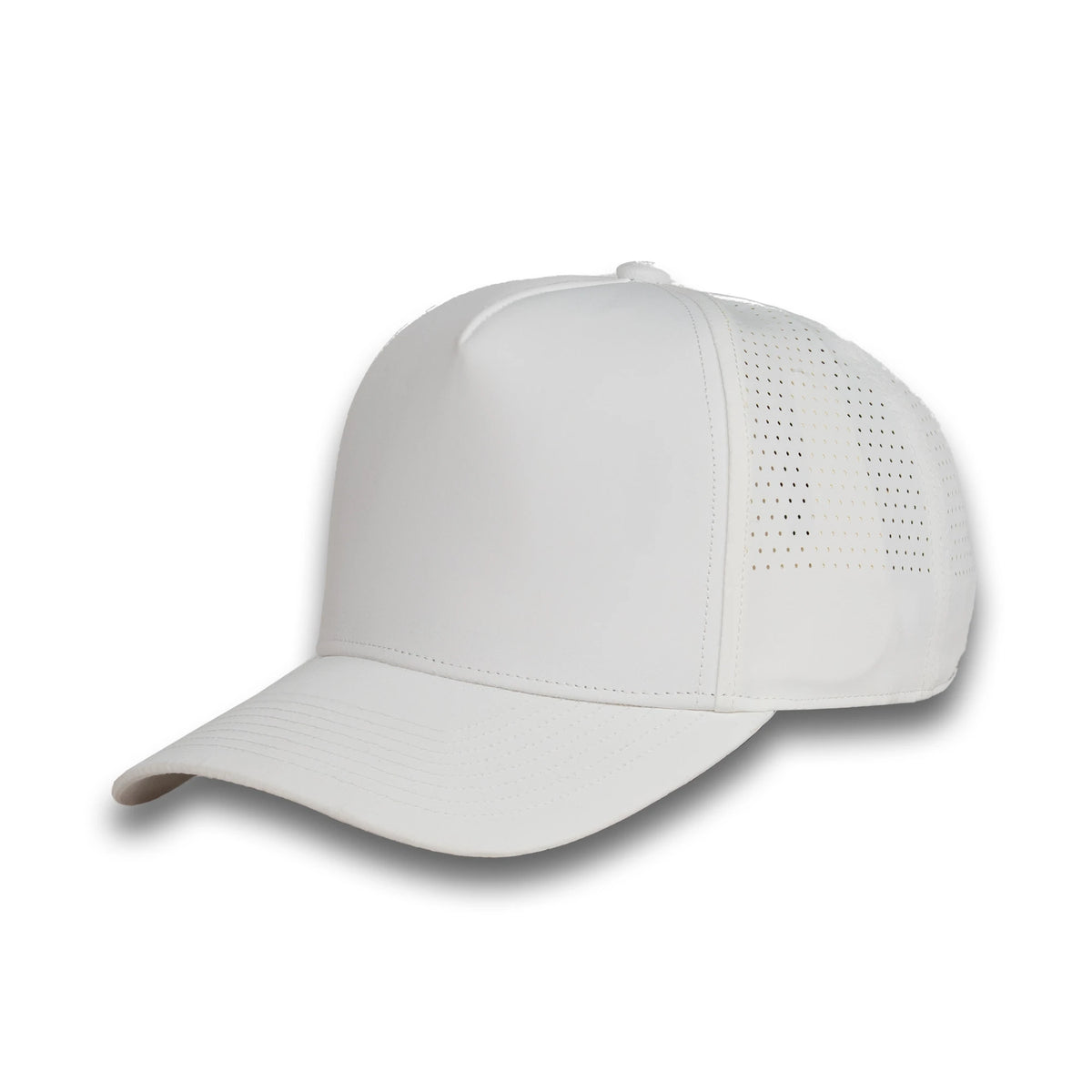 HOT-10 white wholesale 5-panel performance snapback hat front view