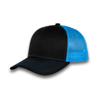 HOT-11 black blue wholesale 6-panel trucker hat front view