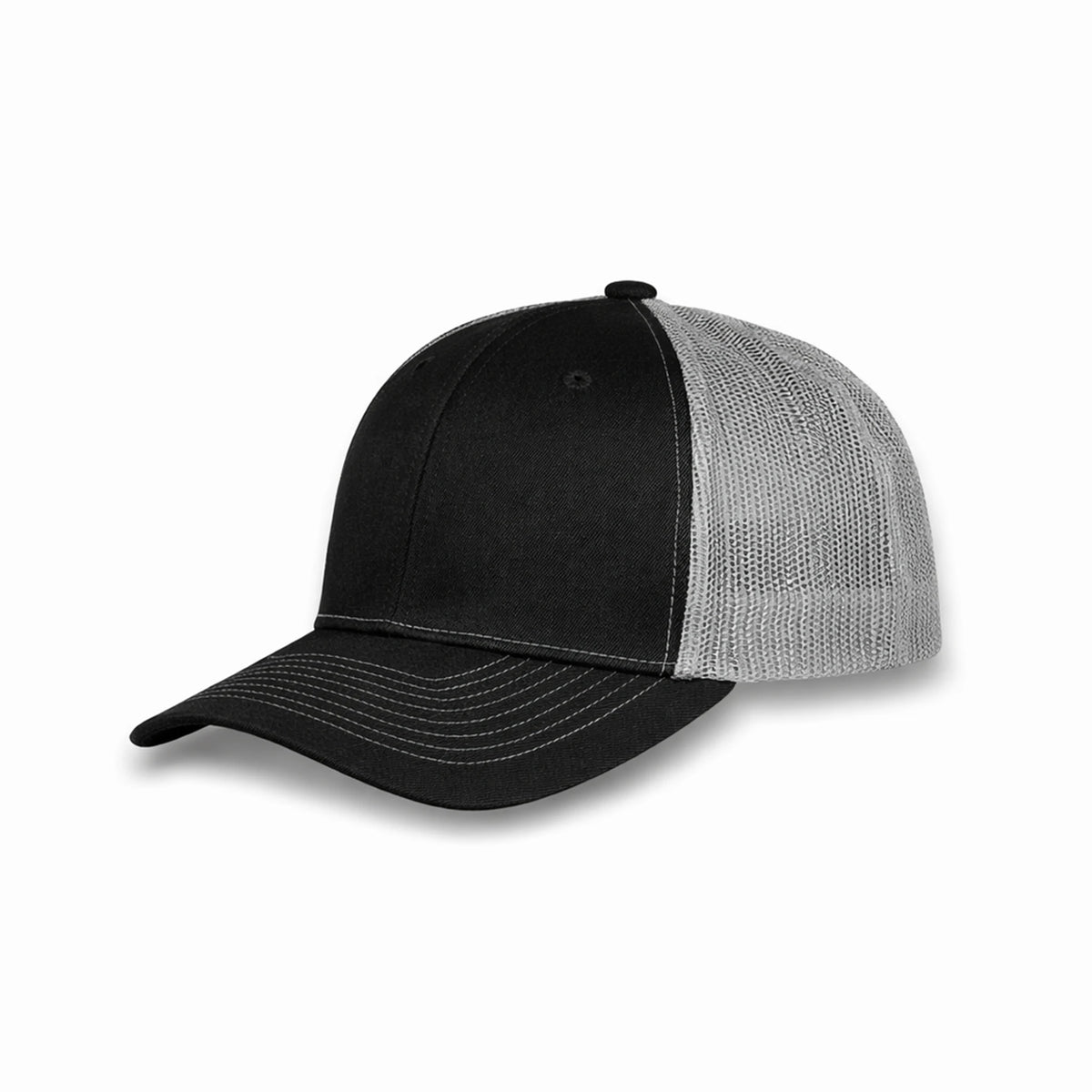 HOT-11 black grey wholesale 6-panel trucker hat front view