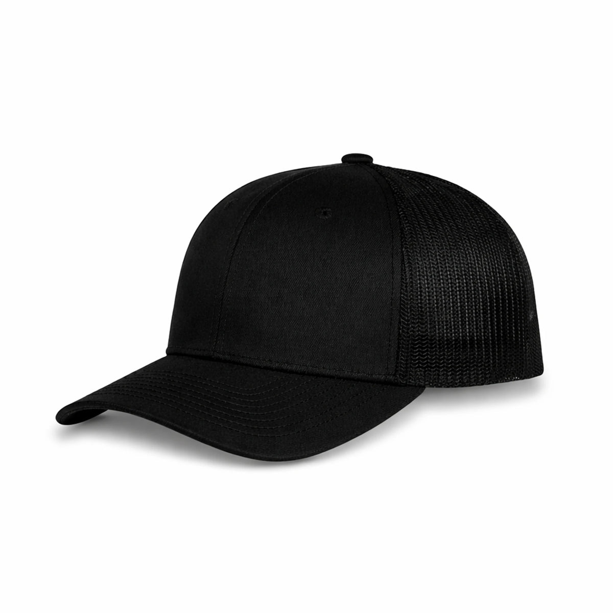 HOT-11 black wholesale 6-panel trucker hat front view