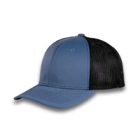 HOT-11 blue black wholesale 6-panel trucker hat front view