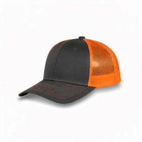 HOT-11 grey orange wholesale 6-panel trucker hat front view