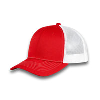 HOT-11 red white wholesale 6-panel trucker hat front view
