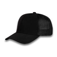 HOT-12 black wholesale 6-panel trucker hat front view