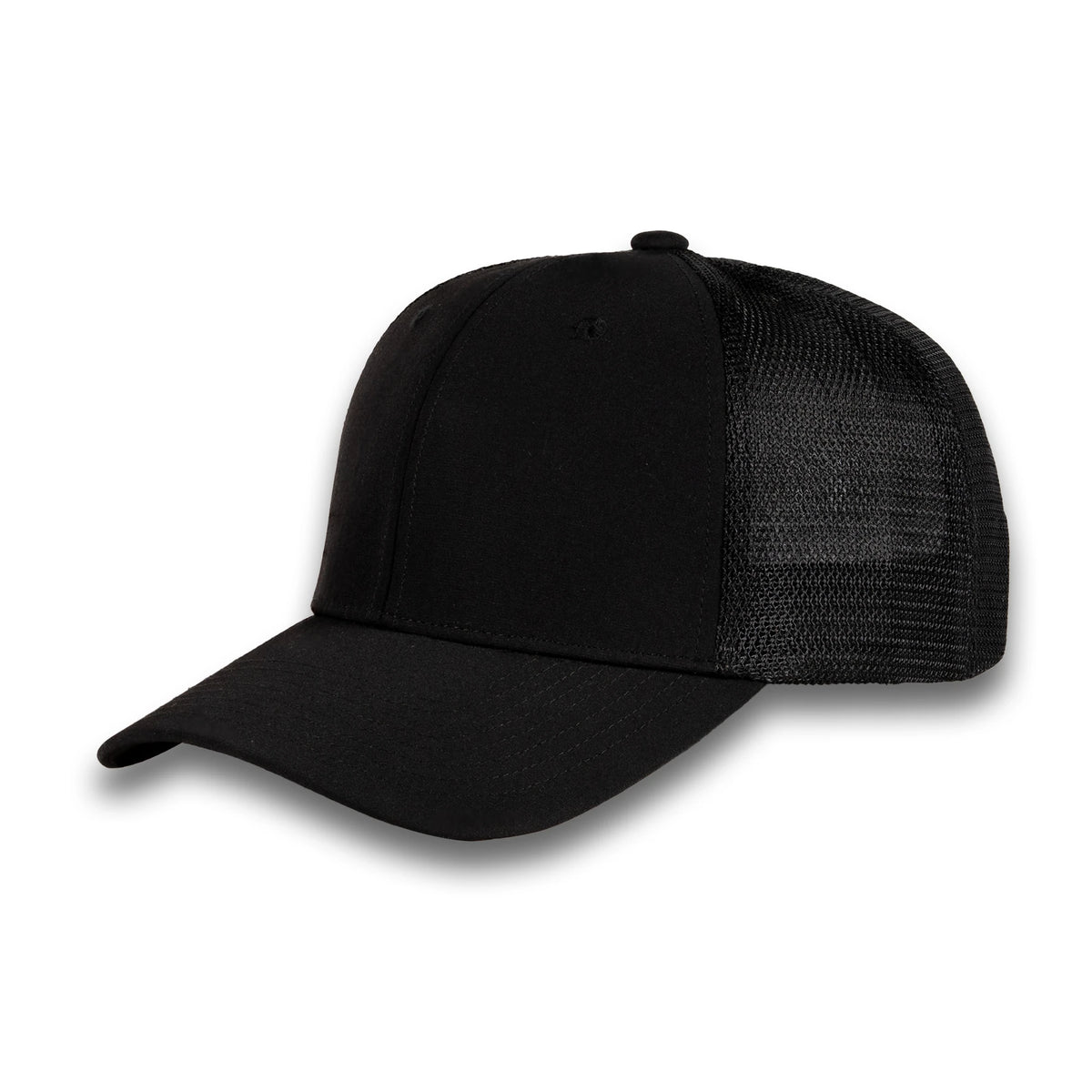 HOT-12 black wholesale 6-panel trucker hat front view