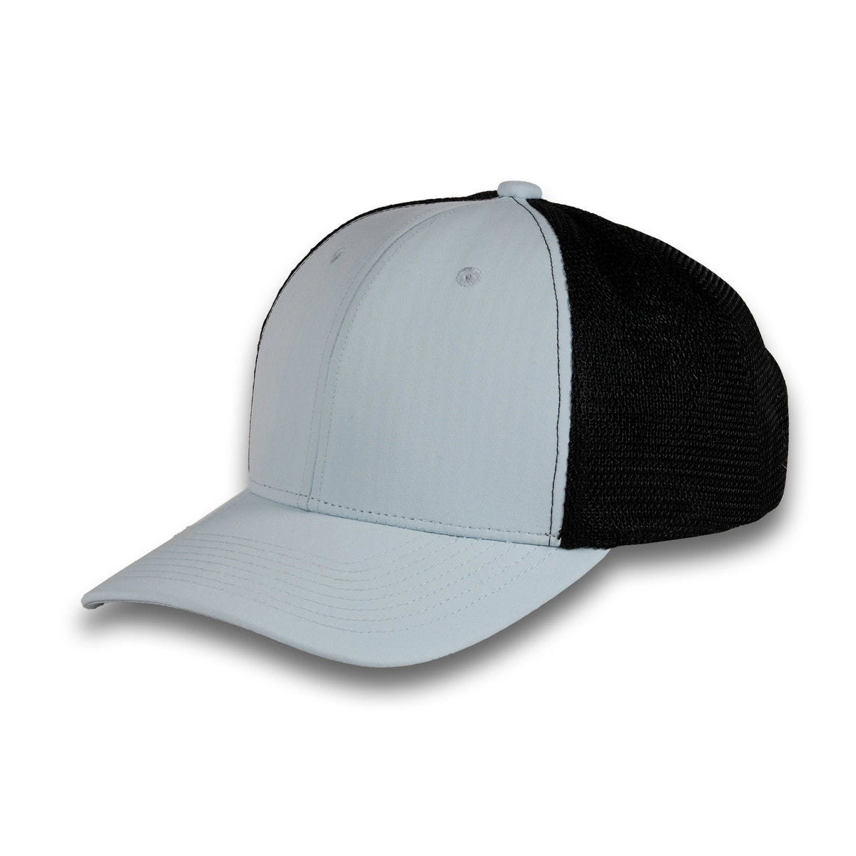 HOT-12 light blue black wholesale 6-panel trucker hat front view
