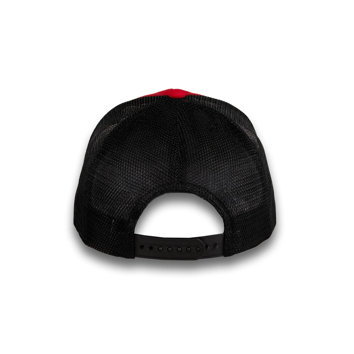 HOT-12 red black wholesale 6-panel trucker hat back view
