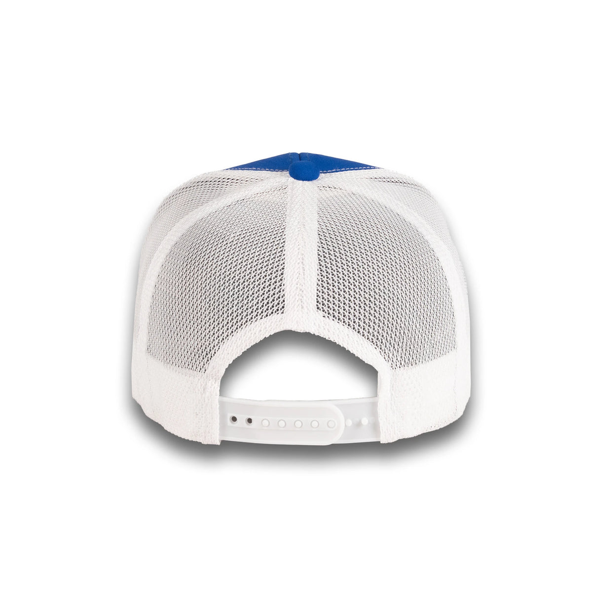 HOT-12 royal white wholesale 6-panel trucker hat back view