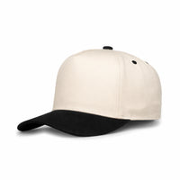 HOT-13 beige black wholesale 5-panel suede brim snapback hat front view