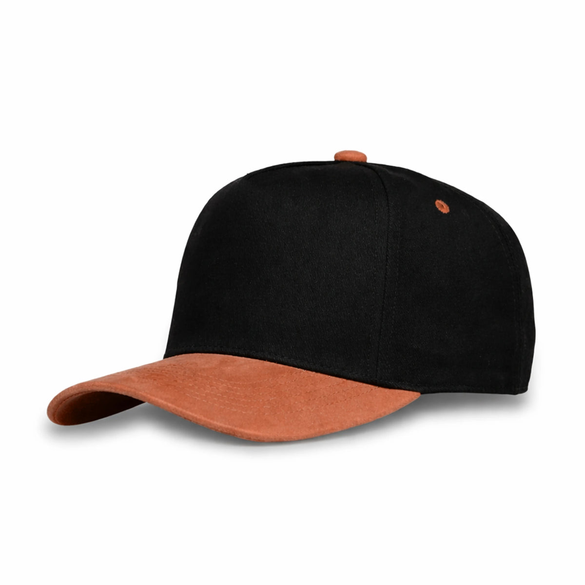 HOT-13 black brown wholesale 5-panel suede brim snapback hat front view