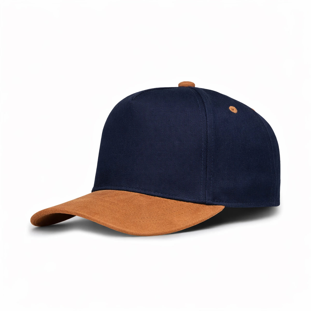 HOT-13 navy brown wholesale 5-panel suede brim snapback hat front view