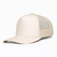 HOT-14 beige wholesale 5-panel trucker hat front view