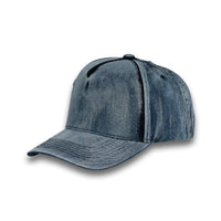 HOT-3 navy wholesale 5-panel denim snapback hat front view
