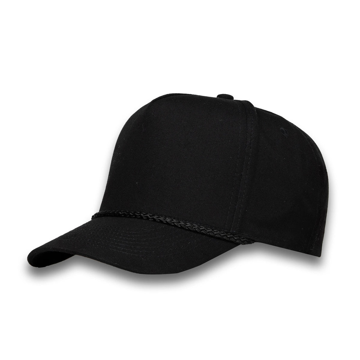 HOT-4 black wholesale 5-panel rope trucker hat front view