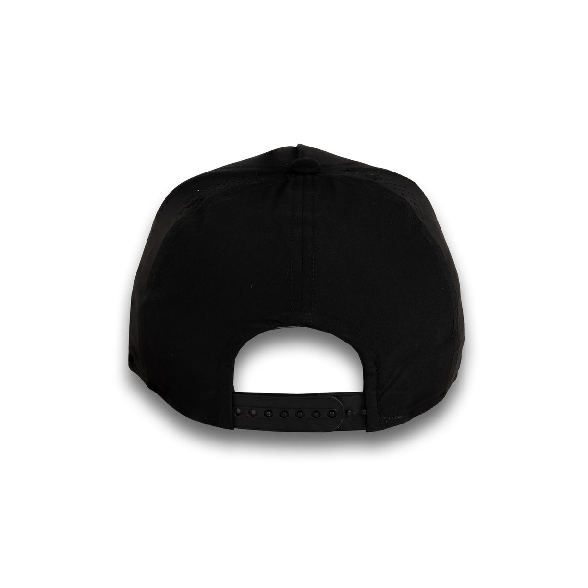 HOT-6 black wholesale 5-panel performance snapback hat back view