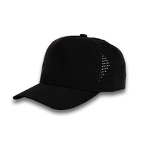 HOT-6 black wholesale 5-panel performance snapback hat front view