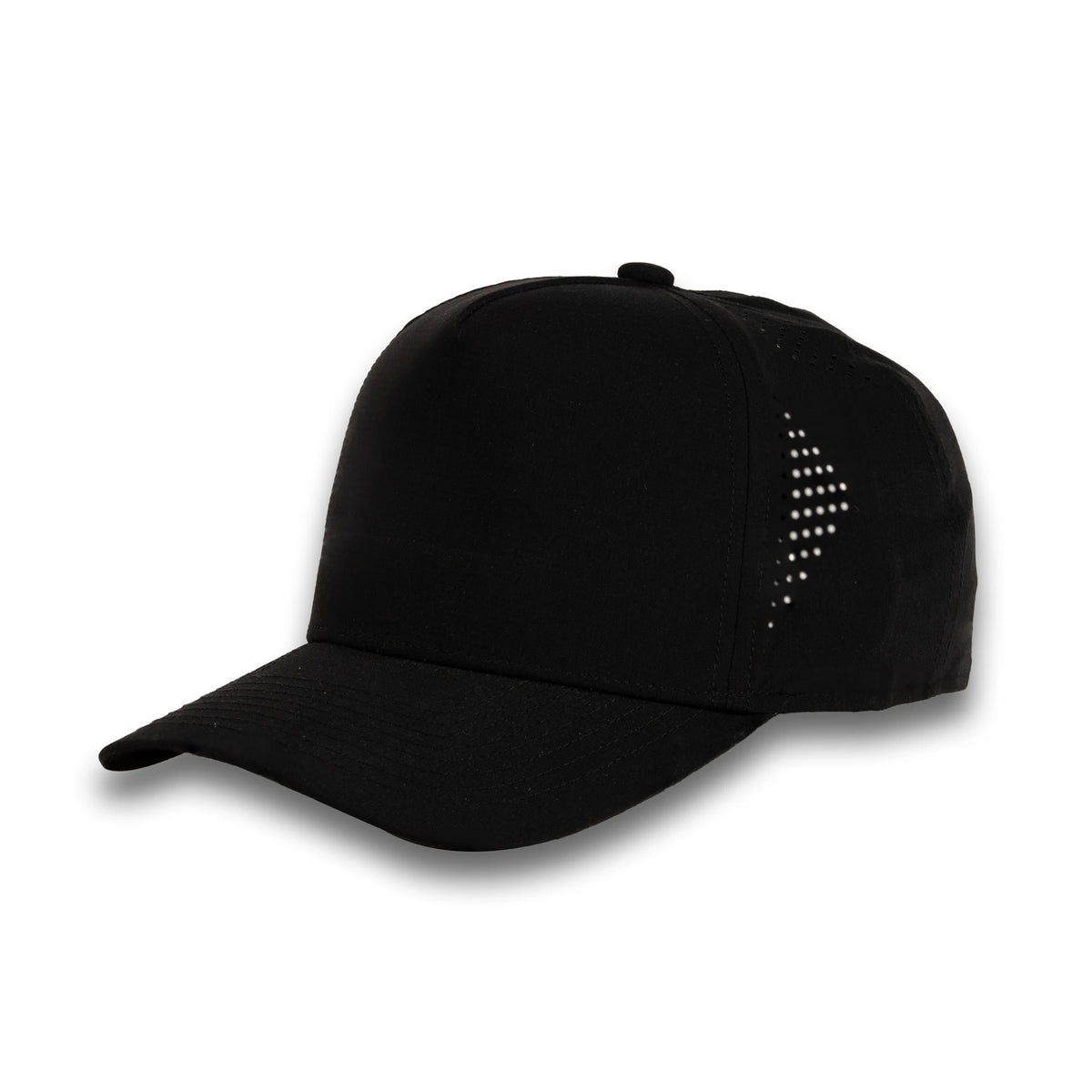HOT-6 black wholesale 5-panel performance snapback hat front view