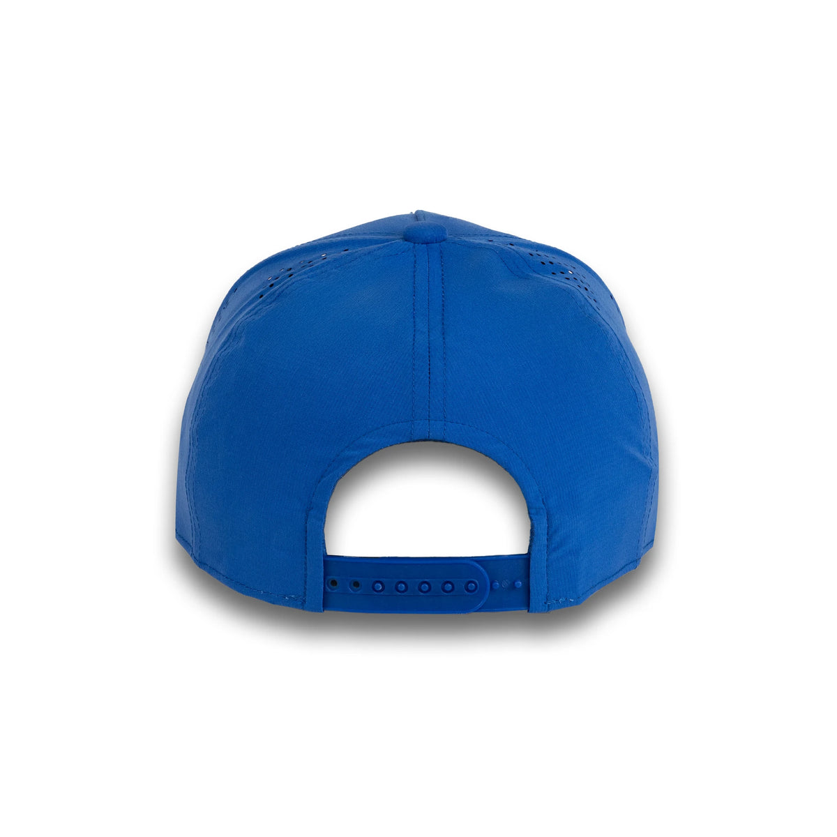 HOT-6 blue wholesale 5-panel performance snapback hat back view