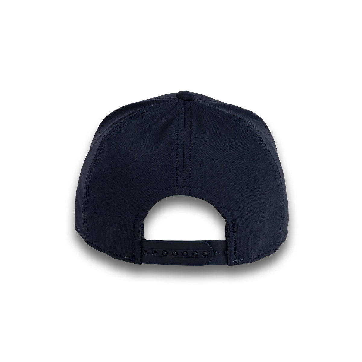 HOT-6 navy wholesale 5-panel performance snapback hat back view