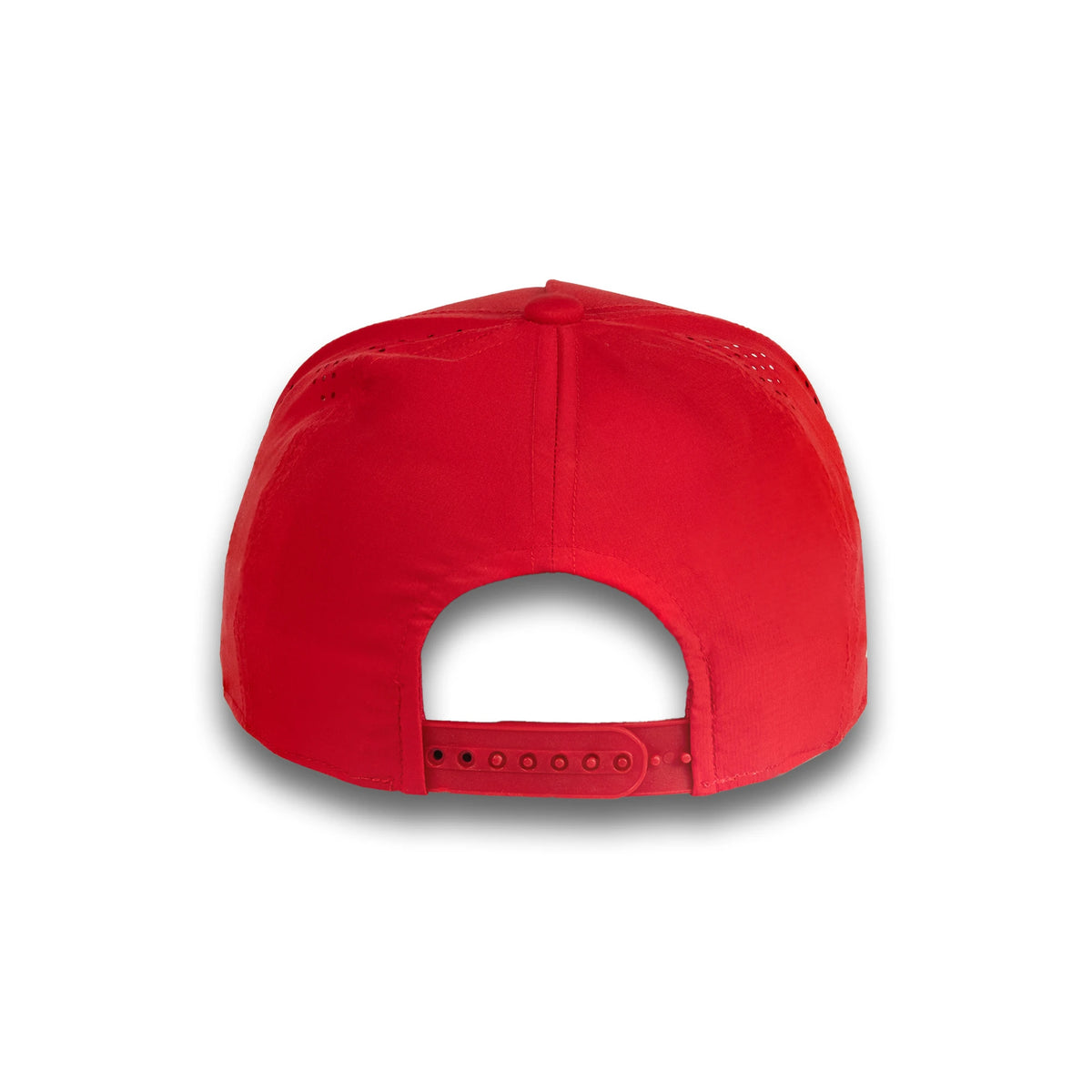 HOT-6 red wholesale 5-panel performance snapback hat back view