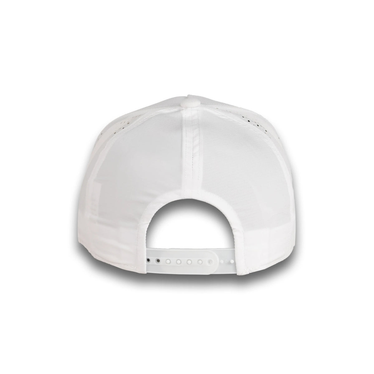 HOT-6 white wholesale 5-panel performance snapback hat back view