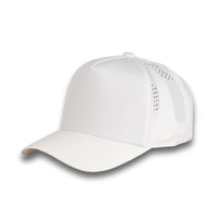 HOT-6 white wholesale 5-panel performance snapback hat front view