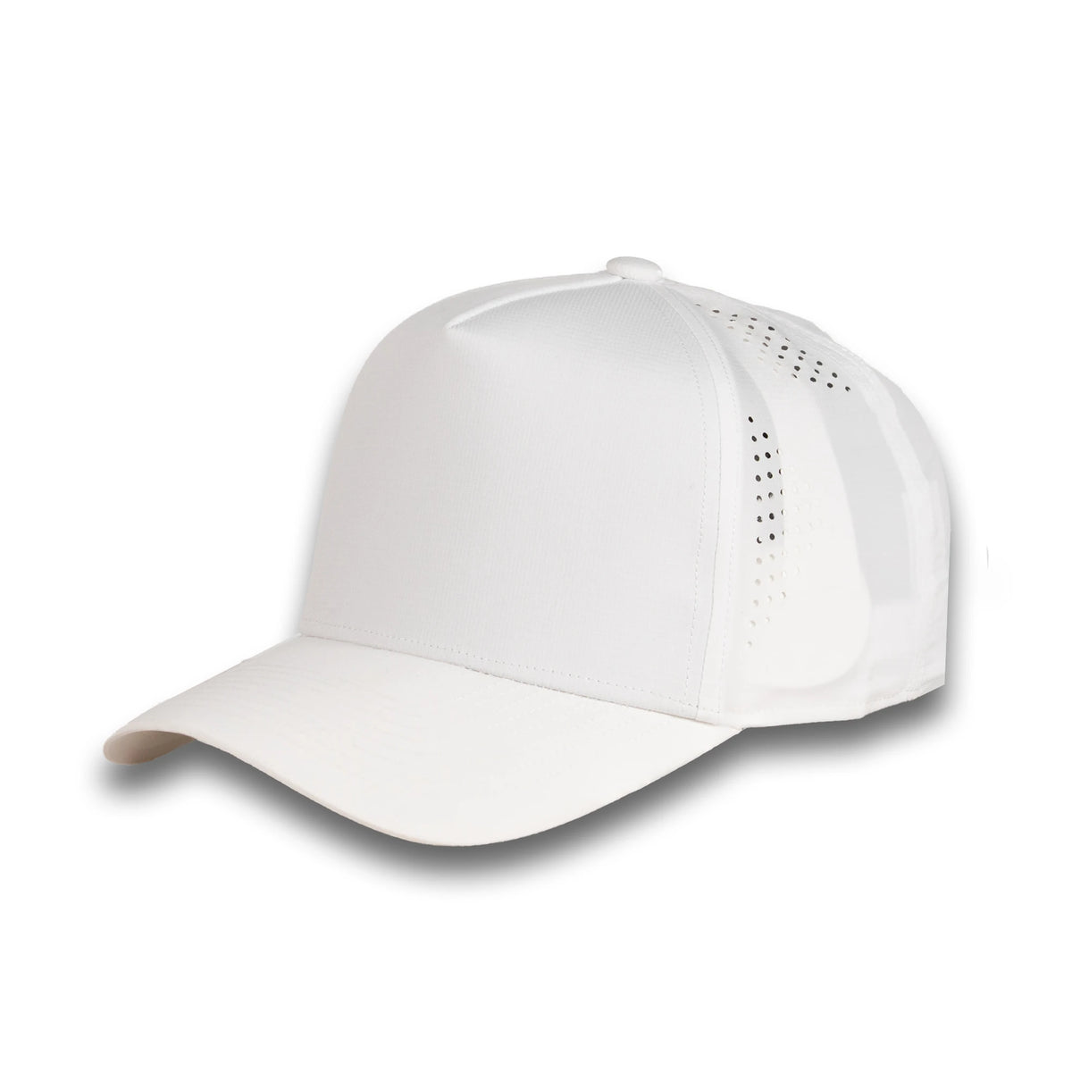 HOT-6 white wholesale 5-panel performance snapback hat front view