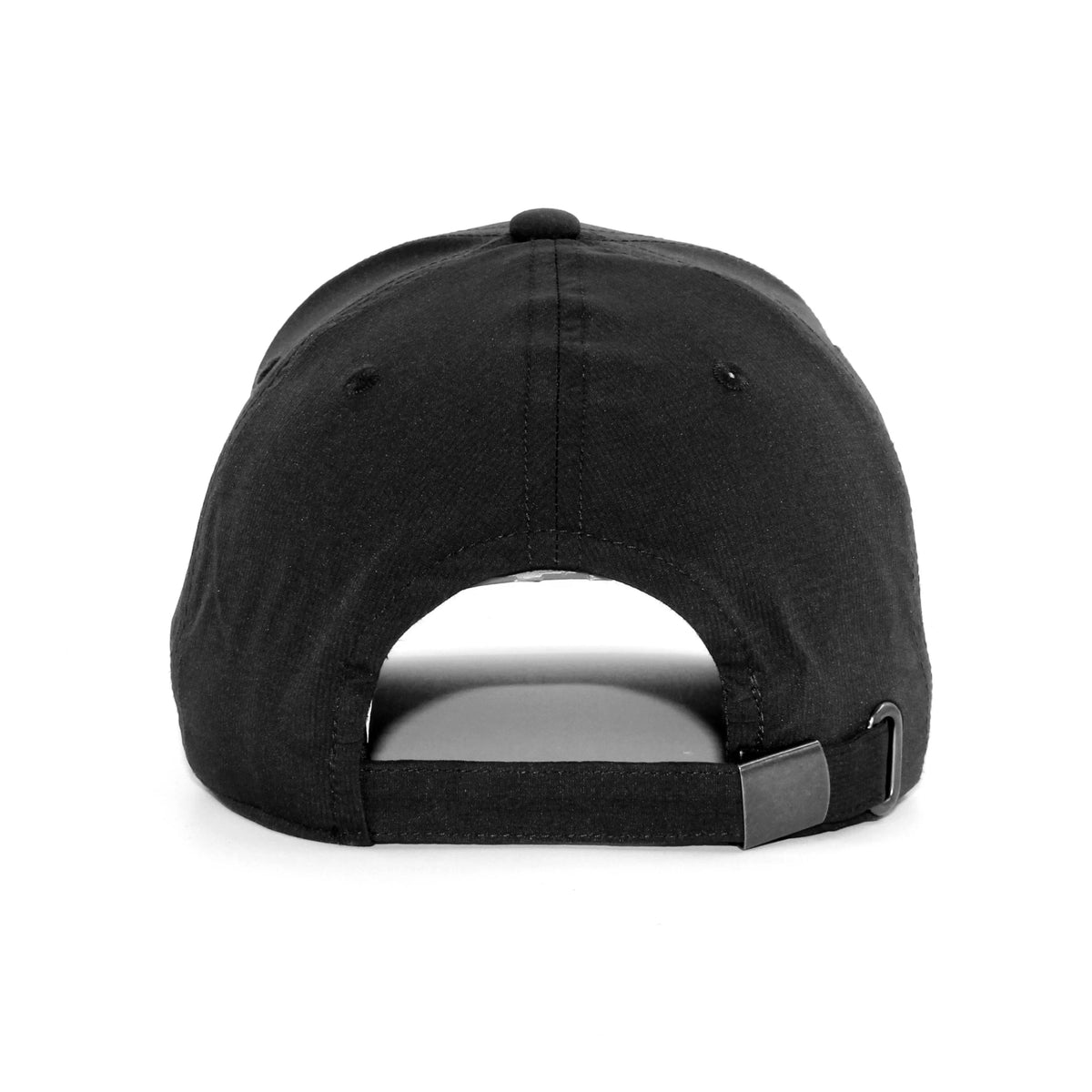 HOT-7 black wholesale 6-panel performance snapback hat back view